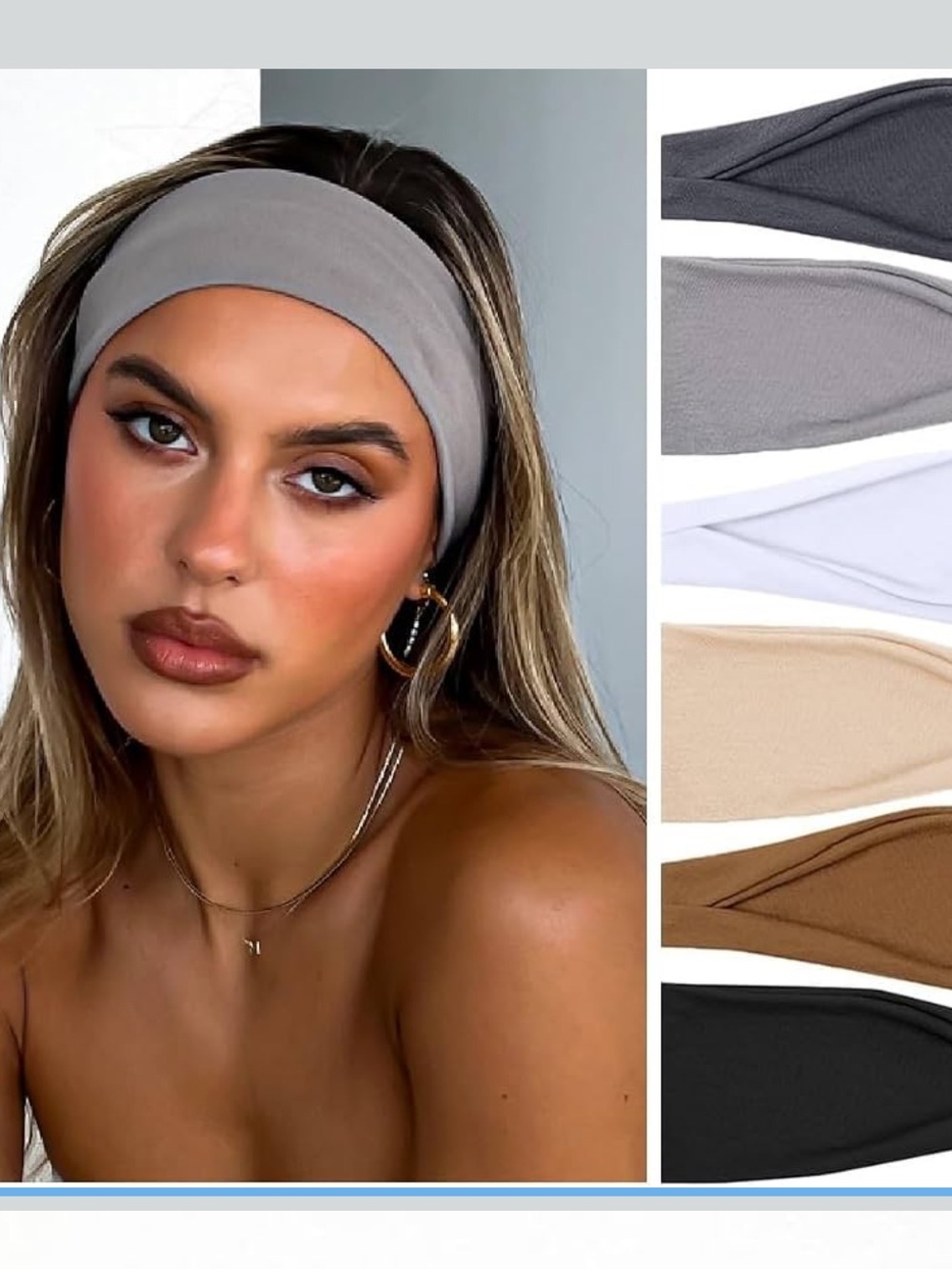 Wide Stretch Headband - Gray, 2 White, 2 Black, Brown, Tan (No Brand)